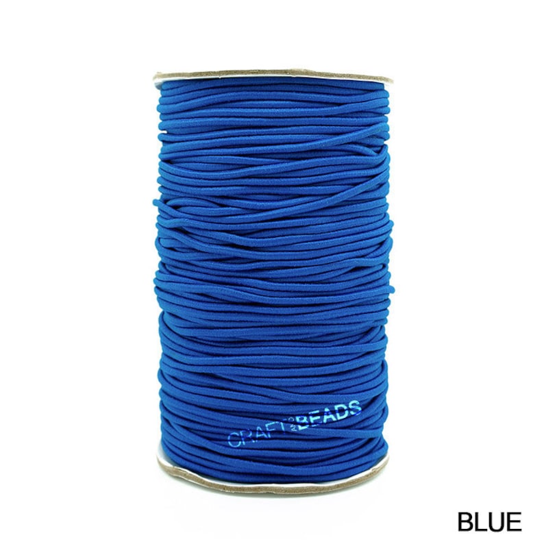 May include: A spool of bright blue elastic cord. The cord is wound tightly and is ready to be used for crafting projects.