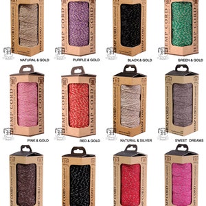 May include: Assortment of hemp cord spools in various color combinations, including natural and gold, purple and gold, black and gold, green and gold, pink and gold, red and gold, natural and silver, sweet dreams, chocolate and silver, black and silver, red and silver, and bright pink and silver.