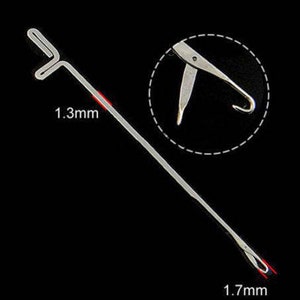 Puede incluir: Un enhebrador de aguja de plata con un gancho en un extremo y un bucle en el otro. El enhebrador de aguja tiene 1,3 mm de ancho en el gancho y 1,7 mm de ancho en el bucle.