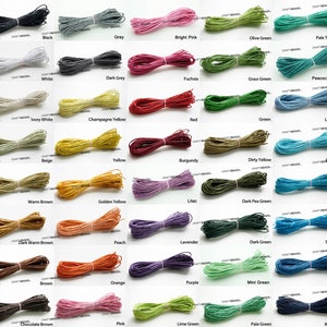 May include: A collection of 36 spools of waxed cotton cord in various colors, including black, white, ivory white, beige, warm brown, dark warm brown, brown, chocolate brown, grey, dark grey, champagne yellow, yellow, golden yellow, peach, bright pink, fuchsia, red, burgundy, lilac, lavender, purple, olive green, grass green, green, dark pea green, dark green, mint green, pale green, lime green, pale turquoise, peacock green, light blue, baby blue, aqua, turquoise, blue, and royal blue.