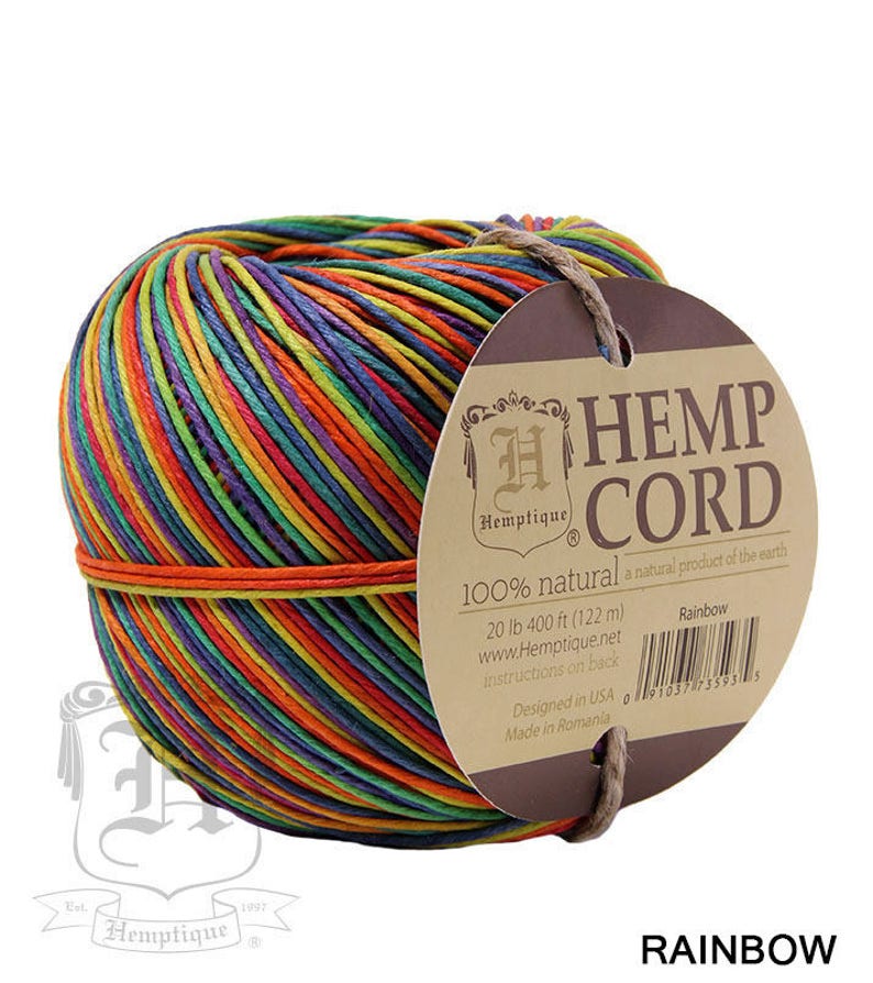 May include: A ball of rainbow colored hemp cord, 20 lb (400 ft / 122 m), made by Hemptique. The label reads "Hemp Cord 100% natural a natural product of the earth" and "Rainbow".