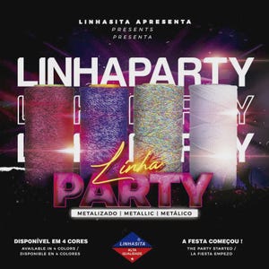 Puede incluir: Anuncio de hilo metálico Linha Party. La imagen presenta cuatro bobinas de hilo en tonos rosa, morado, multicolor y blanco. El texto dice "Linha Party" y "Disponible en 4 colores".