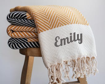 Personalized Handwoven Cotton Throw Blanket: Herringbone Sofa Throw, 2nd Anniversary Gift, Nanny Gift for Christmas