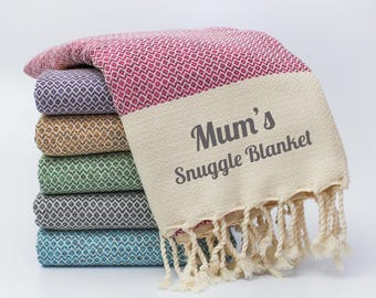 Handwoven Cotton Throw Blanket, Personalised Soft Blanket, Christmas gift for mum