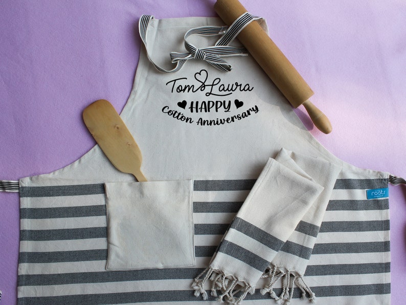 Personalised cotton apron, personalised cotton tea towels, wedding gift, 2nd wedding anniversary gift, personalised gift for her image 3