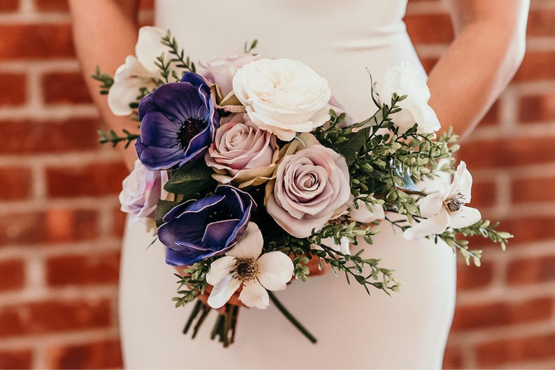 Faux Flower Wedding Bouquet Silk Flower Purple Anemones Roses