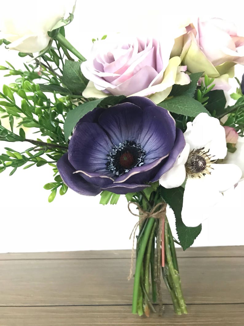 Faux Flower Wedding Bouquet Silk Flower Purple Anemones Roses