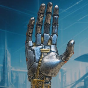 May include: A detailed metallic sculpture of a robotic hand, featuring silver, gold, and bronze elements. The hand is in a welcoming pose, set on a circular base. The backdrop is a futuristic cityscape, evoking a sense of advanced technology.