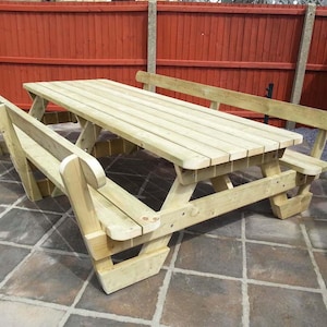 Traditional Pub Style Garden Picnic Table/Bench Set with Back Rests Various Sizes Thick Rustic Solid Heavy Duty Timber Wood Restaurant image 1
