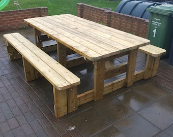 Garden Picnic Table / Bench Set (Various Sizes Available) - Thick Rustic Solid Heavy Duty Timber Wood Pub Restaurant Shop Cafe