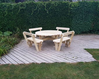 Round Garden Picnic Table / Bench Set with Back Rests - Thick Rustic Solid Heavy Duty Timber Wood Pub Restaurant Shop Cafe