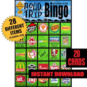 Restaurant roadtrip bingo - 20 kaarten - reisbingo - reisspel - autospellen - roadtripspel/activiteiten - afdrukbaar spel - direct downloaden