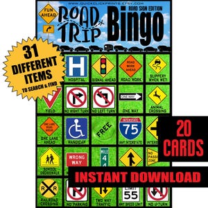 Road Sign Road Trip Bingo - 20 Cards- Travel Bingo -Travel Game -Car Games -Road Trip Game/Activities -Printable game -Instant Download