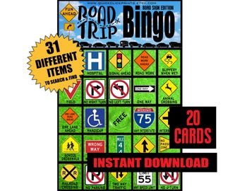 Bingo de viajes por carretera: 20 tarjetas de viaje imprimibles (descarga instantánea)