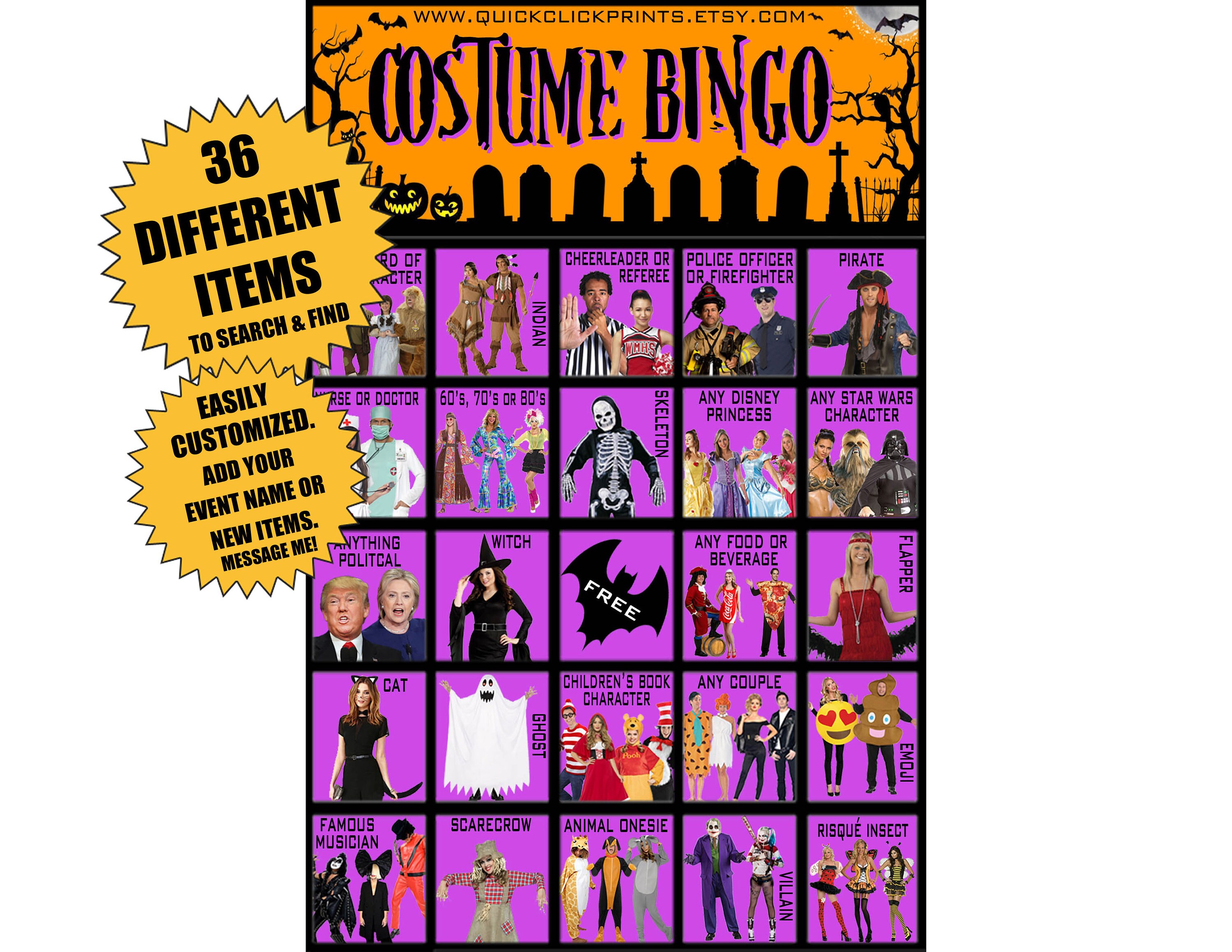 Costume Bingo 30 Cards Halloween Costume Party Games Etsy