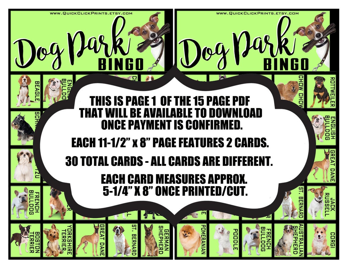 Dog Park Bingo 30 Cards Dog Bingo Dog Breed Watching Dog Show Bingo