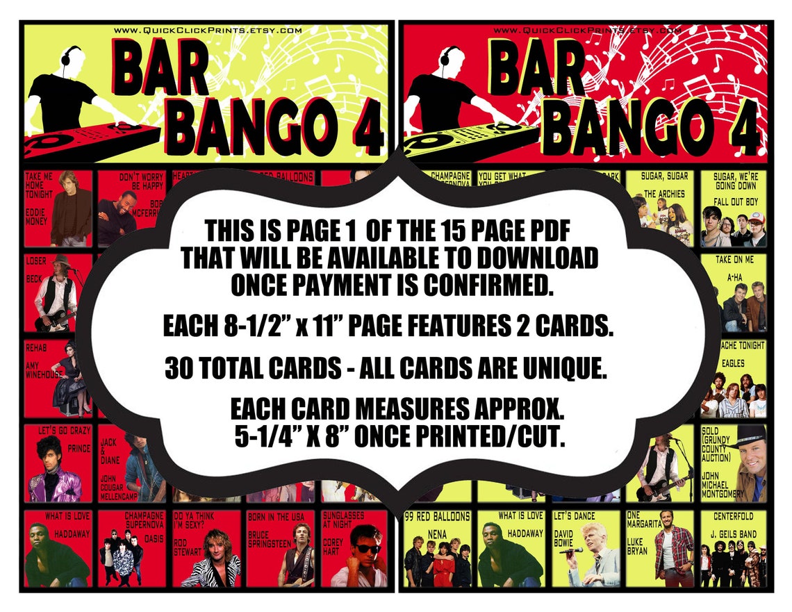 Bar Bango 4 30 Cards Playlist Bingo Music Bingo Drinking Game Printable Instant Download Etsy