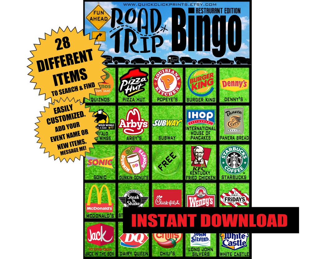 Restaurant Road Trip Bingo 20 Cards Travel Bingo travel Game car Games road Trip Game/activities ...