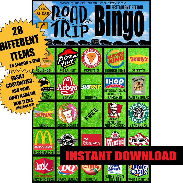 Restaurant Road Trip Bingo - 20 Cards- Travel Bingo -Travel Game -Car Games -Road Trip Game/Activities -Printable game -Instant Download