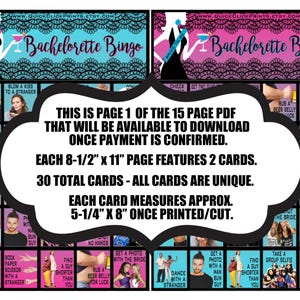 May include: Bachelorette Bingo game cards with a black, teal, and pink design. The text on the cards includes "Toast to the Bride," "Blow a Kiss to a Stranger," and "Thumb Wrestle with a Stranger." The cards measure approximately 5-1/4" x 8" when printed.