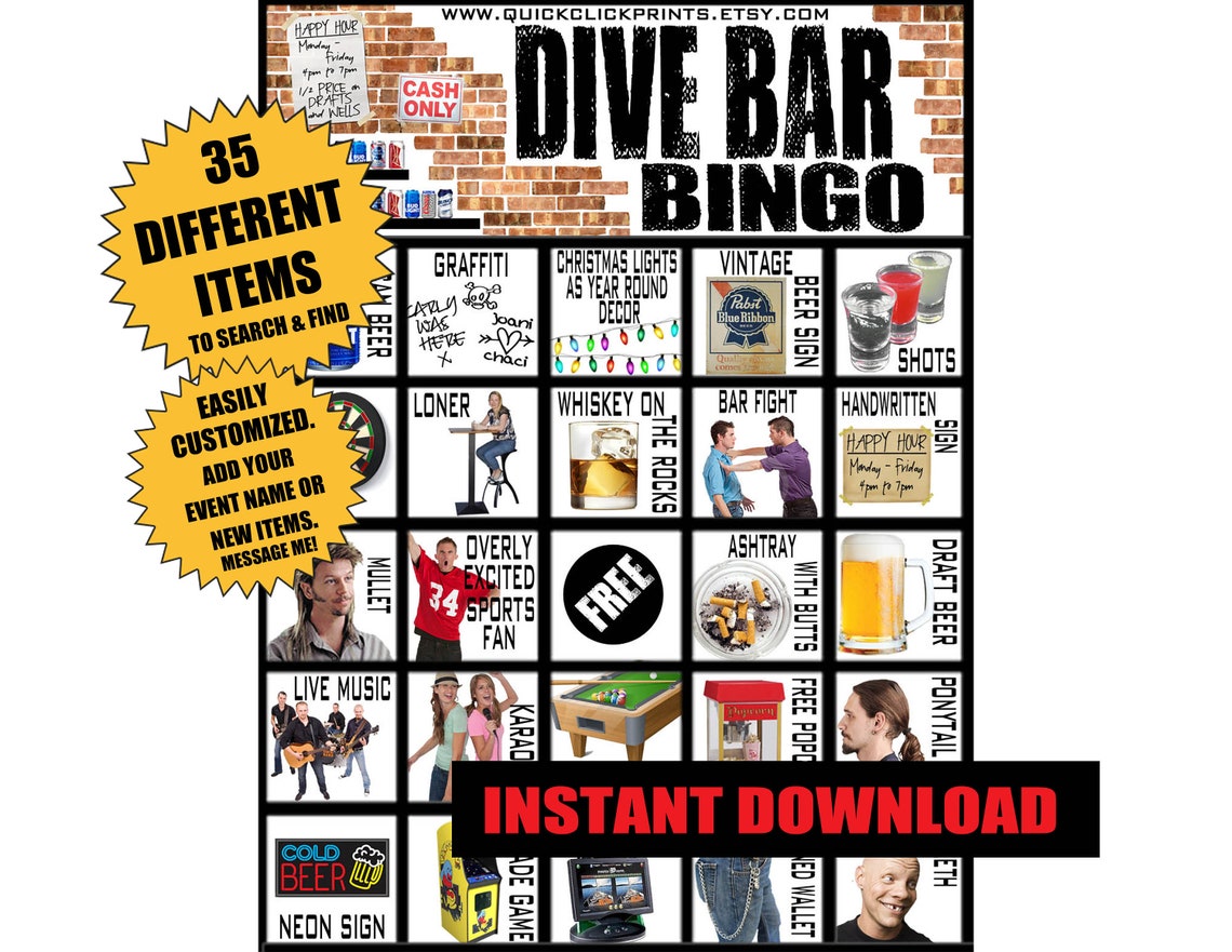 Dive Bar Bingo 28 Cards pub Crawl Bingo people Watching/drinking Game