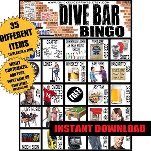 Dive Bar Bingo -28 Cards -Pub Crawl Bingo -People Watching/Drinking Game -Birthdays/Bachelorette Parties -Printable Instant Download