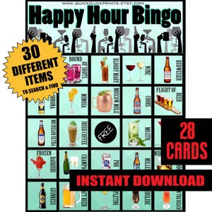 Happy Hour bingo -28 kaarten - kroegentocht - bier - cocktail - mensen kijken drinkspel - afdrukbare Instant Download