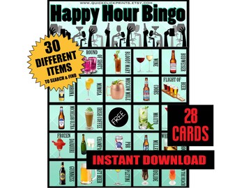 Bingo de la Hora Feliz: Juego de beber para observar a la gente (28 cartones) (Descarga instantánea e imprimible)