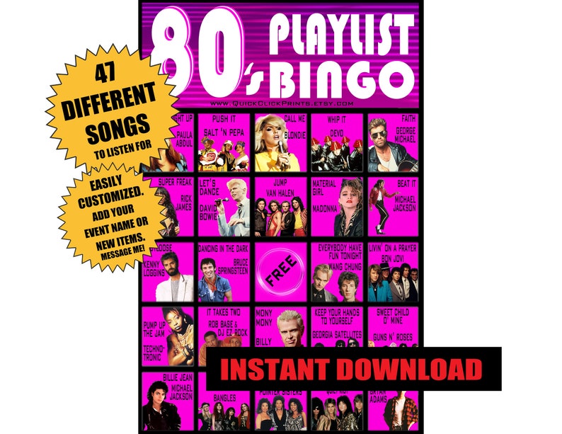 80's Playlist Bingo 30 Cards Playlist Bingo 80s Dance Party Music Bingo ...