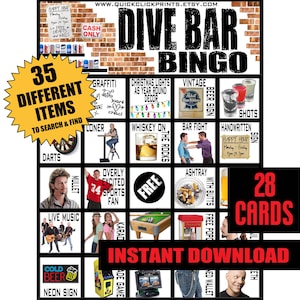 Dive Bar Bingo -28 Cards -Pub Crawl Bingo -People Watching/Drinking Game -Birthdays/Bachelorette Parties -Printable Instant Download