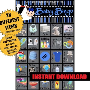Baby Bingo - 30 Cards - Baby Shower Games - It&#39;s a boy - Blue - Printable Instant Download