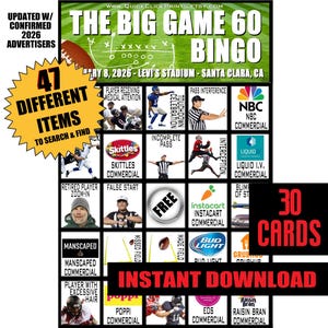 Super Big Game 60 Bingo - 30 Cards - Football Party - Printable Instant Download image 1