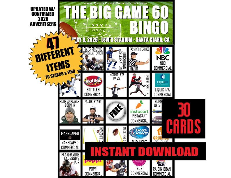 Super Big Game 60 Bingo - 30 Cards - Football Party - Printable Instant Download image 1