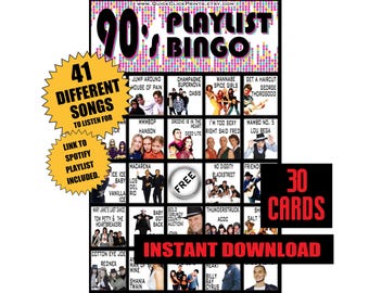 Bingo musical de los 90: 30 cartones, juego para bailar (descarga instantánea e imprimible)