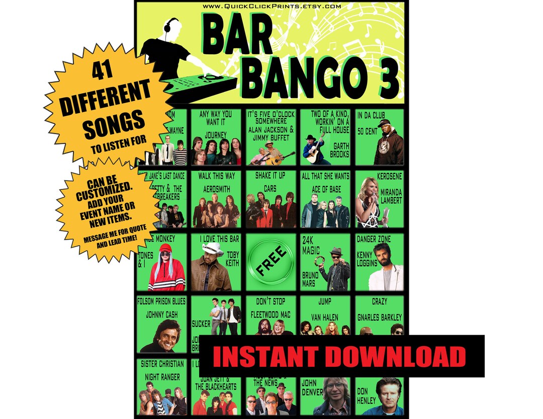Bar Bango 3 30 Cards Playlist Bingo Music Bingo Drinking Game Printable Instant Download Etsy