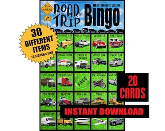 Bingo de viajes en coche: Juego de bingo de viajes en coche (20 cartones) (Descarga instantánea e imprimible)