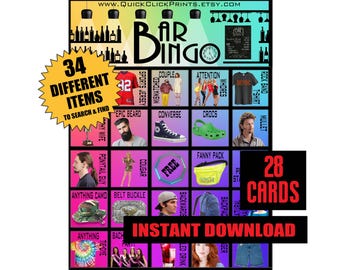 Bingo de Bar: Pub Crawl, Despedida de Soltera (Imprimible, 28 Cartones)