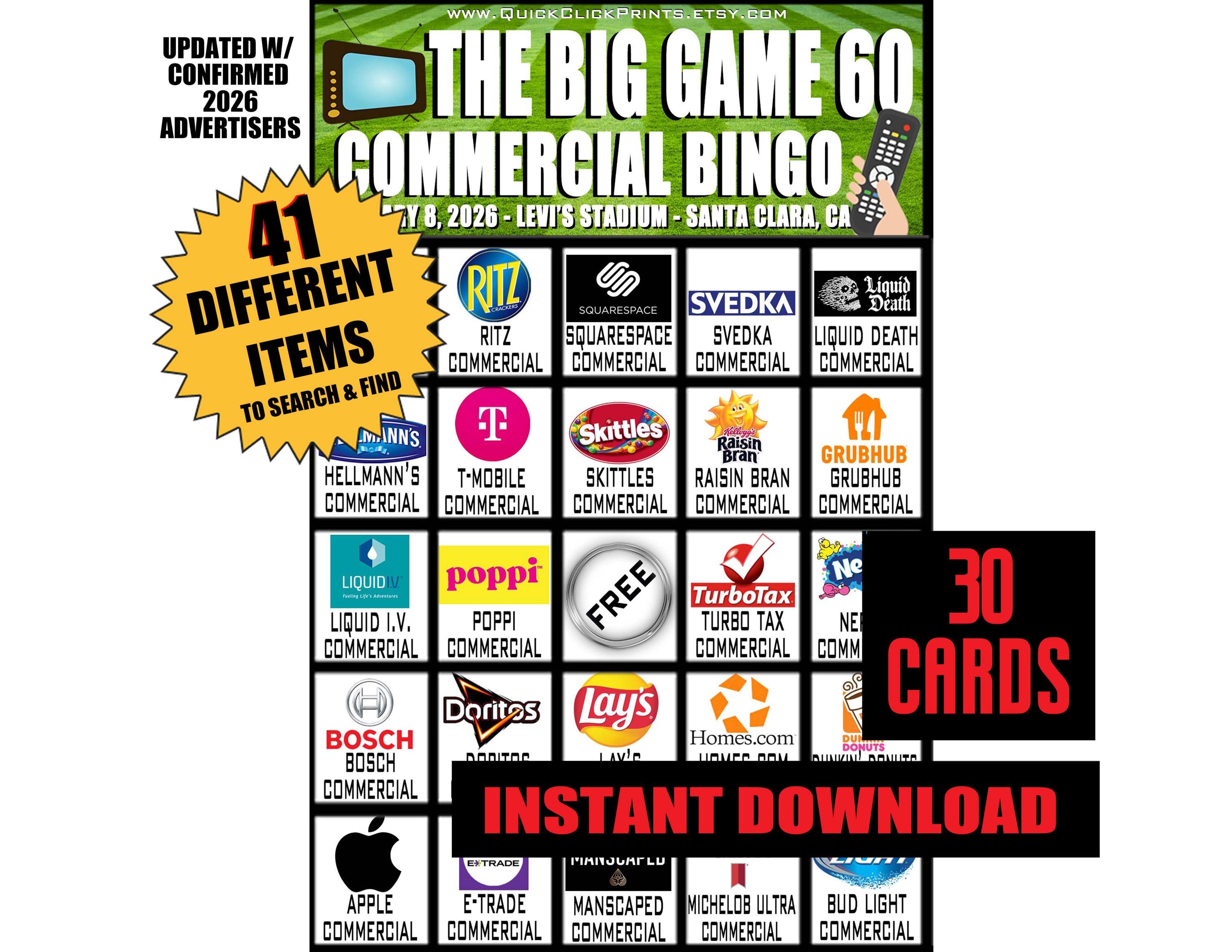Super Big Game 60 Commercial Bingo - 30 Cards - Football Party ...