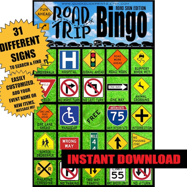 Road Sign Road Trip Bingo - 20 Cards- Travel Bingo -Travel Game -Car Games -Road Trip Game/Activities -Printable game -Instant Download