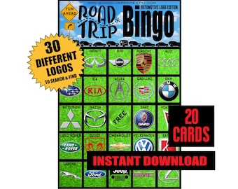 Bingo de viajes por carretera con logotipos de automóviles: Juego de viajes en coche (20 cartones) (Descarga instantánea e imprimible)