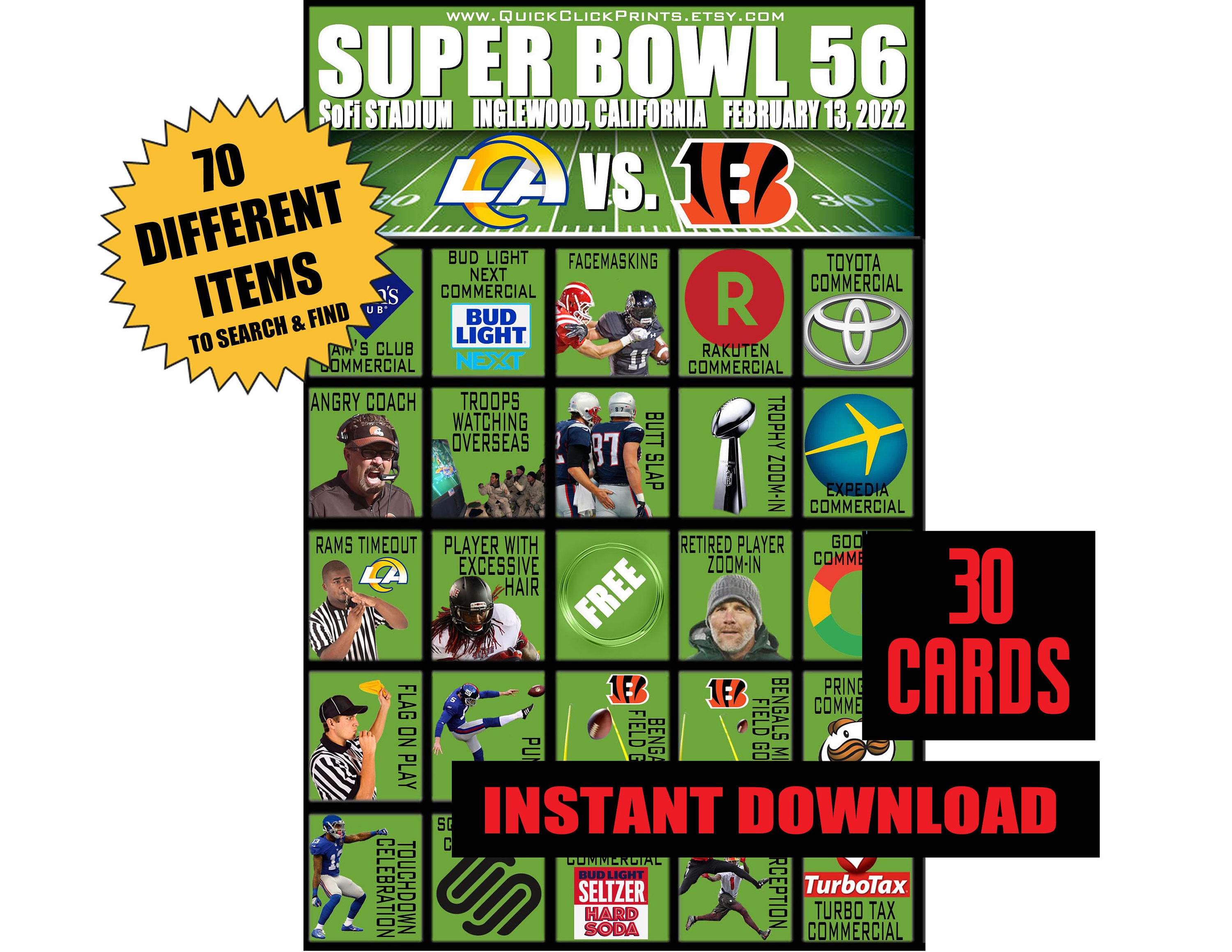 Super Bowl 56 Bingo Rams Vs. Bengals 30 Cards Superbowl - Etsy