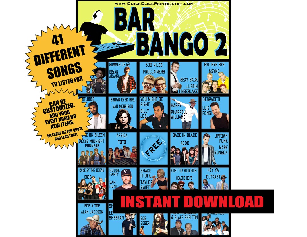 Bar Bango 2 30 Cards Playlist Bingo Music Bingo Drinking Game Printable Instant Download Etsy