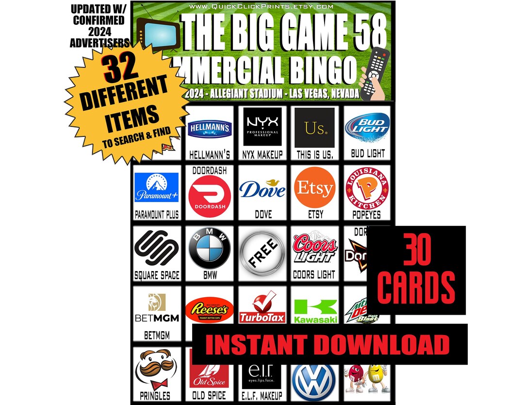 The Big Game 58 Commercial Bingo 30 Cards Football Party Game Drinking