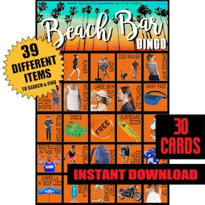 Bingo strandbar-30 kaarten - happy hour - kroegentocht - bier - cocktail - mensen kijken drinkspel - afdrukbare Instant Download