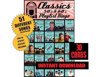 Bingo de listas de reproducción de los años 50 y 60: 30 tarjetas imprimibles (descarga instantánea)