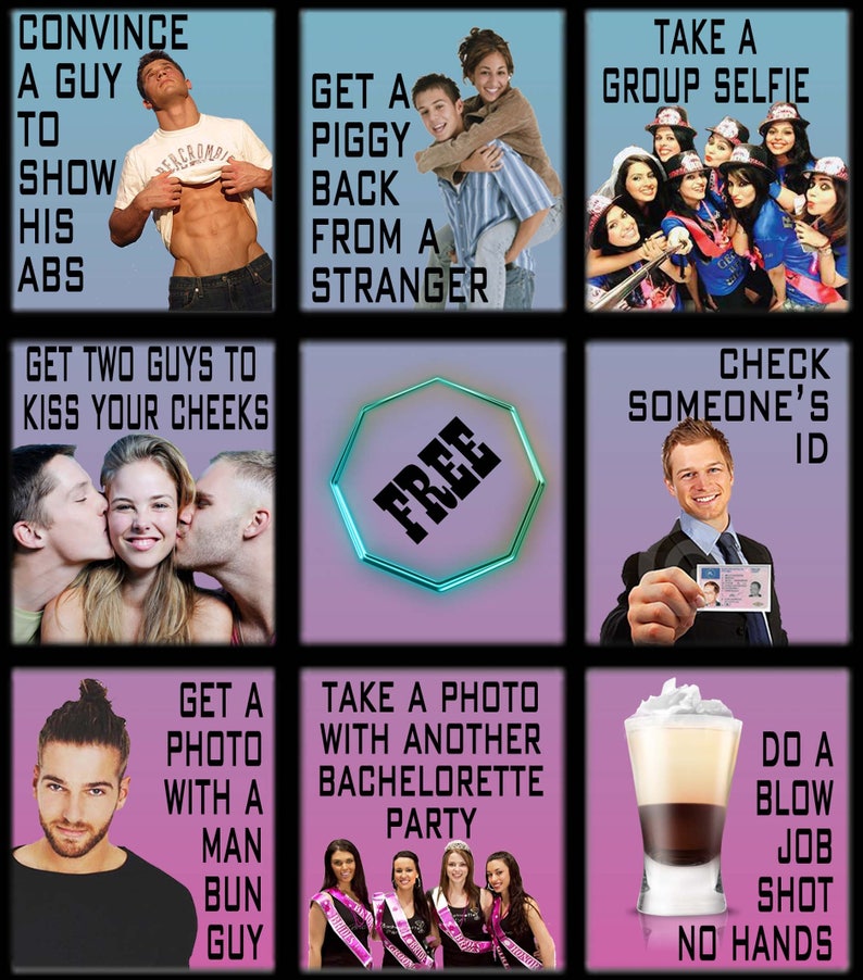 May include: A collage of nine images with text. The images depict various scenarios, including a man showing his abs, people taking selfies, and a shot glass with a layered drink. Text includes phrases like "Convince a Guy to Show His Abs" and "Do a Blow Job Shot No Hands."