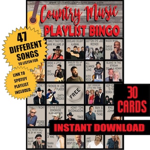 Bingo avec liste de lecture de musique country - 30 cartes - Bingo avec liste de lecture - Bingo en musique - Jeu à boire - Imprimable à téléchargement immédiat