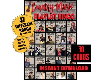 Bingo de listas de reproducción de música country: 30 tarjetas imprimibles (descarga digital)