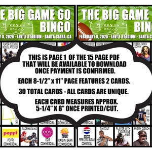 Super Big Game 60 Bingo - 30 Cards - Football Party - Printable Instant Download image 2