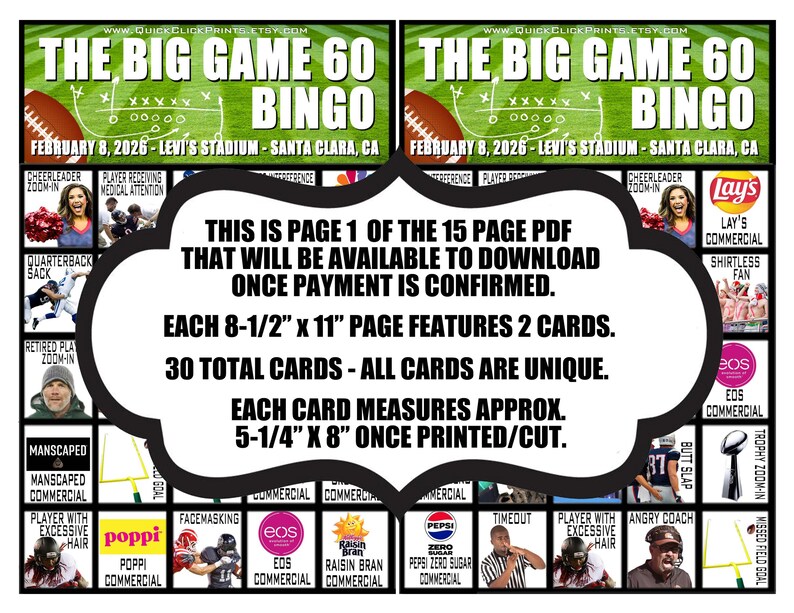 Super Big Game 60 Bingo - 30 Cards - Football Party - Printable Instant Download image 2